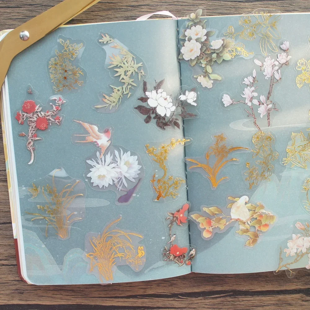 38pcs Gold Soft Flower Branch Swallow Singing Style PVC Sticker Scrapbooking DIY Gift Packing Label Decoration Tag