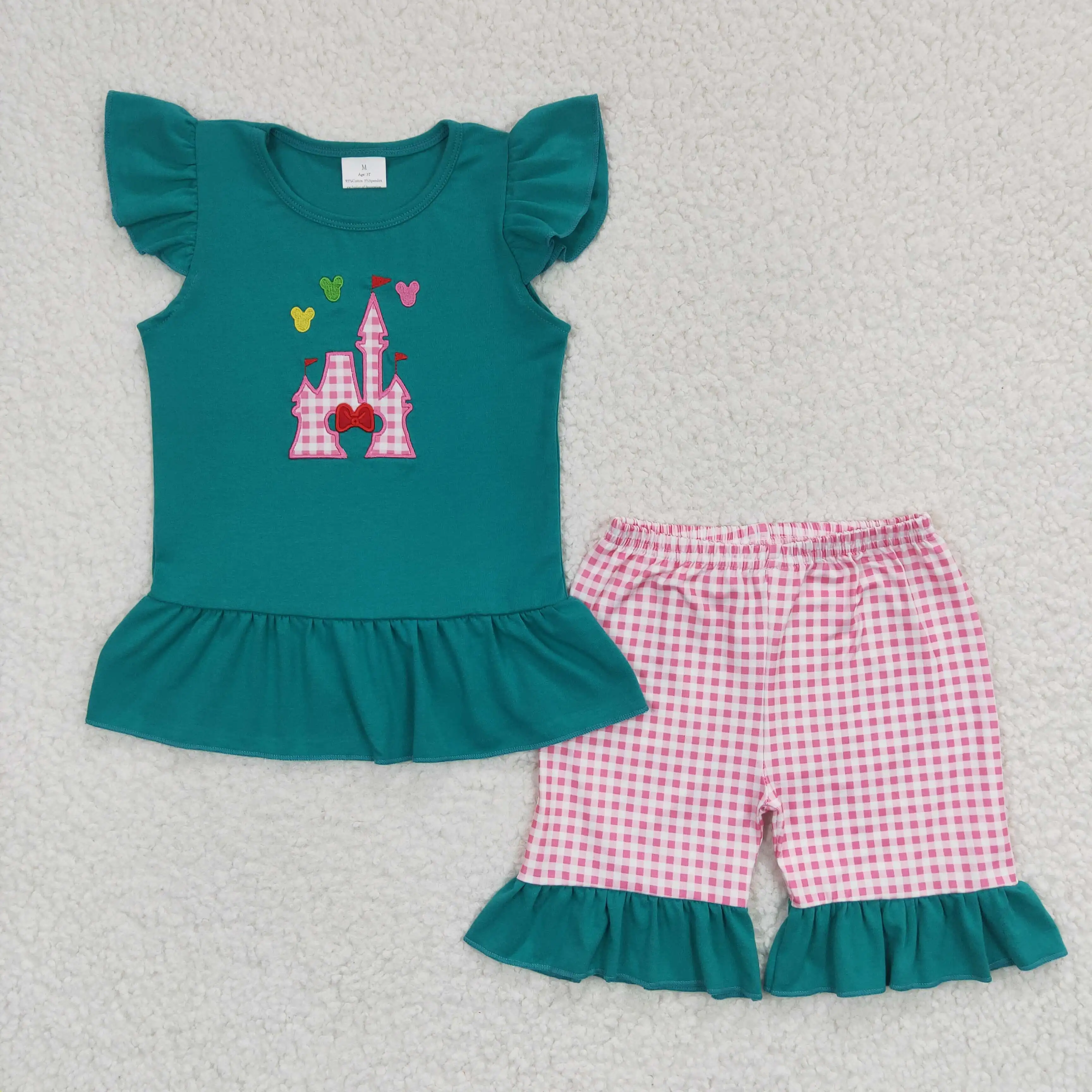 GSSO0151 Toddler Girl Summer Outfits Green Top Embroidery Print With Shorts 2 Pieces Kids Clothes Set