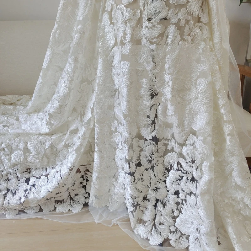 Off White Embroidered Thickening Big Flower Fabric, Handmade DIY Wedding Dress Bridal Dress Sewing Lace Fabric RS4548