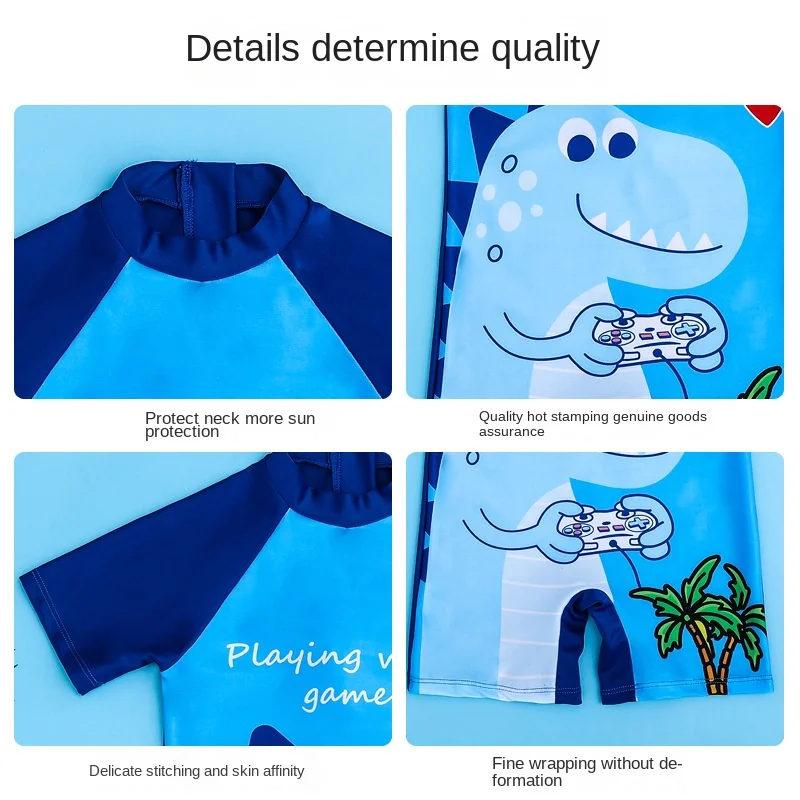 One Piece Swimsuit for Children, Baby Boys, Cartoon Dinosaurs, Short Sleeve, Sunscreen, Quick-drying Swim Cap, Swimwear Set