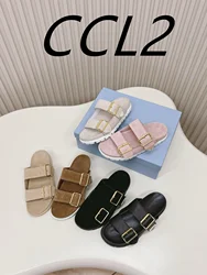 24 years spring and summer new sandals, double row buckle slippers, fashion flat slippers, game meat upper, sheepskin lining