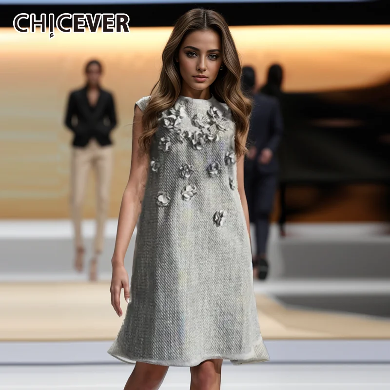 

CHICEVER Patchwork Appliques Solid Dresses For Woemn Round Neck Sleeve High Waist Spliced Zipper Mini Dress Female Clothes New