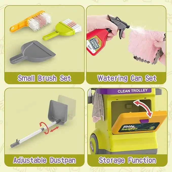 ごっこ遊び掃除カート 分離可能な掃除ツール 電動掃除機付き モップ スプレーボトル ホームクリーニングおもちゃ 子供クリスマスギフト