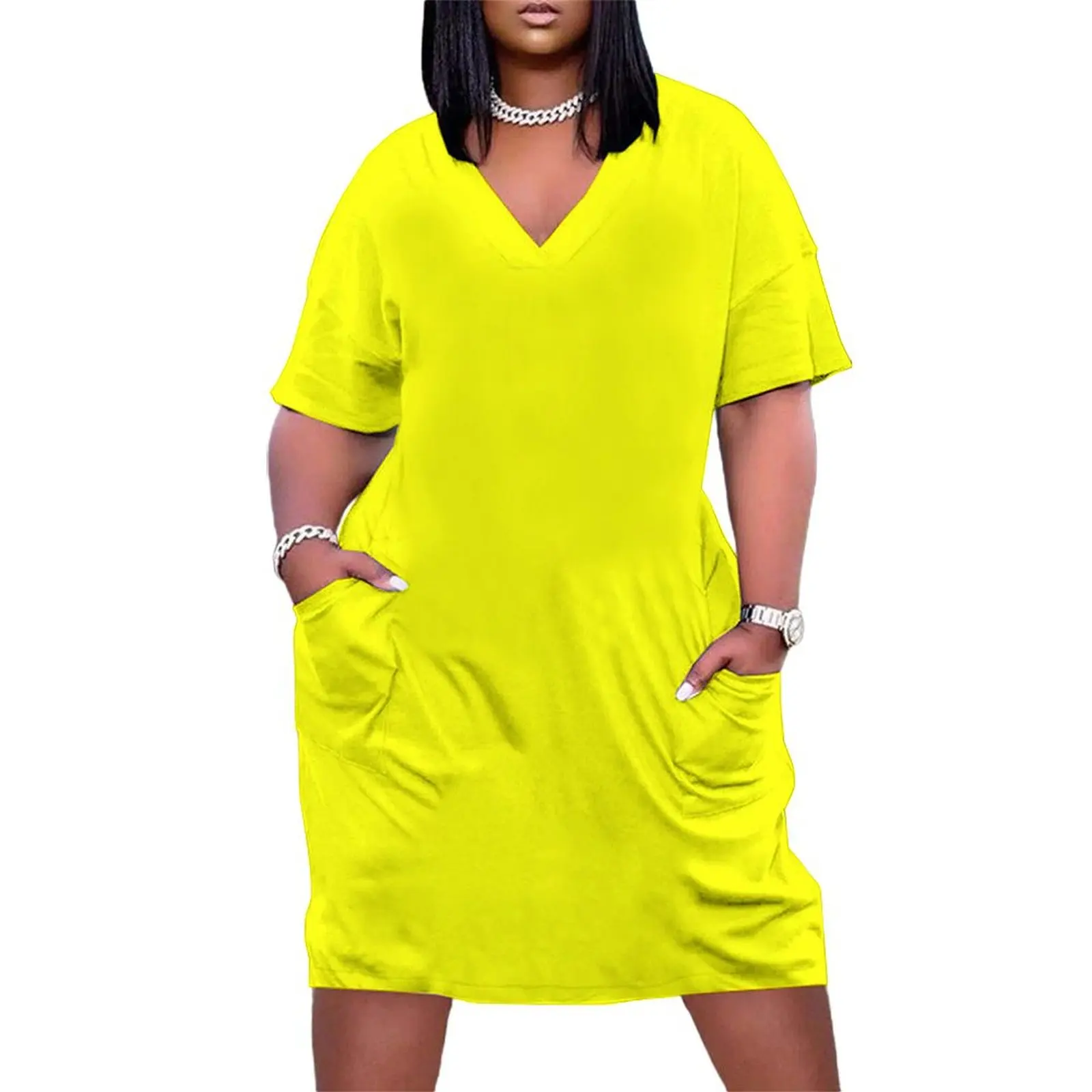 Neon fluorescent Yellow Yellow|neon Yellow/Fluro Yellow Loose Pocket Dress Woman clothing beach outfits for women