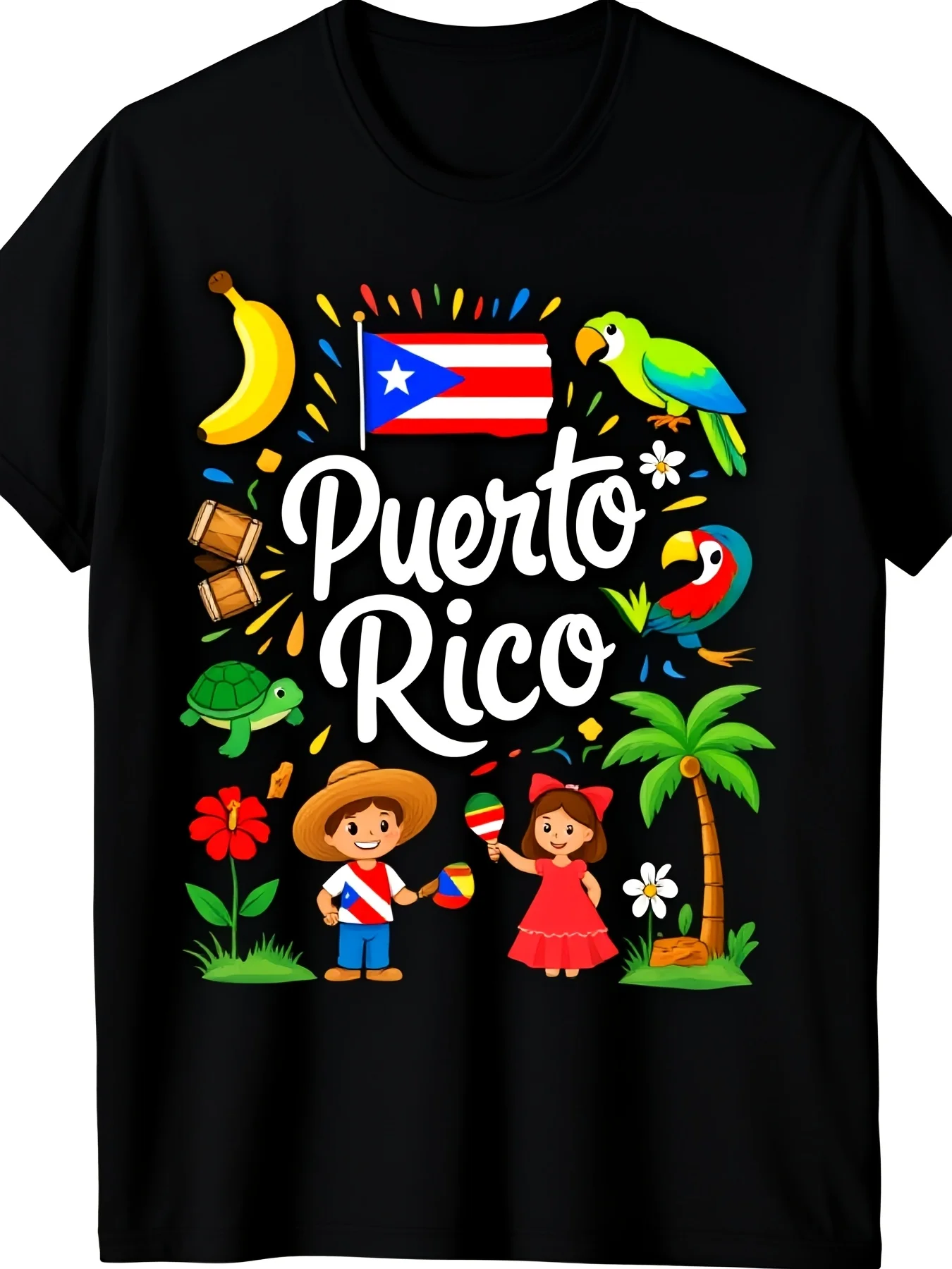 Unisex T-shirt featuring colorful designs inspired by Puerto Rican culture, including the flag, Coqui frog, hibiscus flower, and Bongo drum