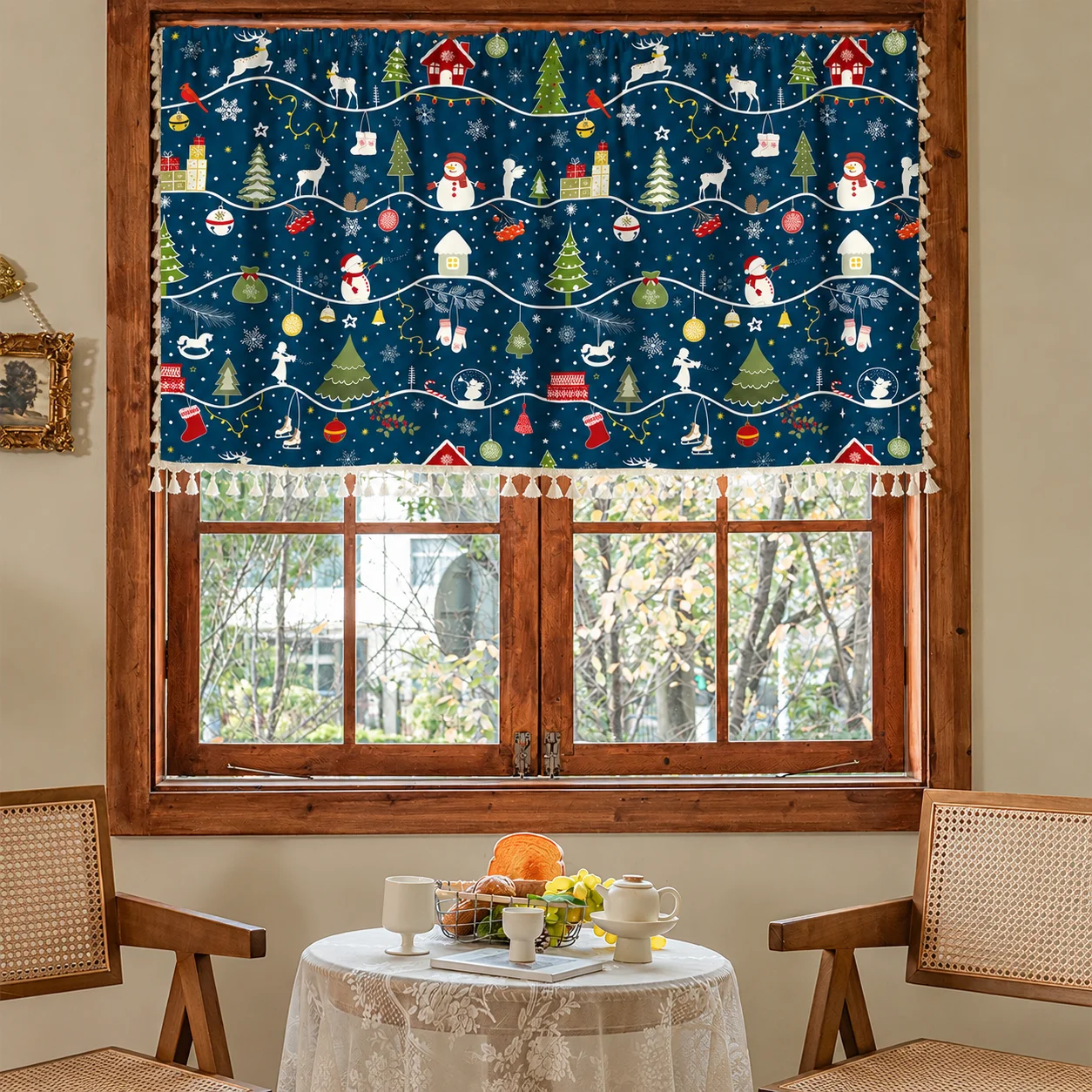 1PC Blue Reindeer Print Short Curtain, Bedroom Door Curtain, Kitchen Curtains, Decorative Atmosphere Curtain, 1pc Small Fresh Pr