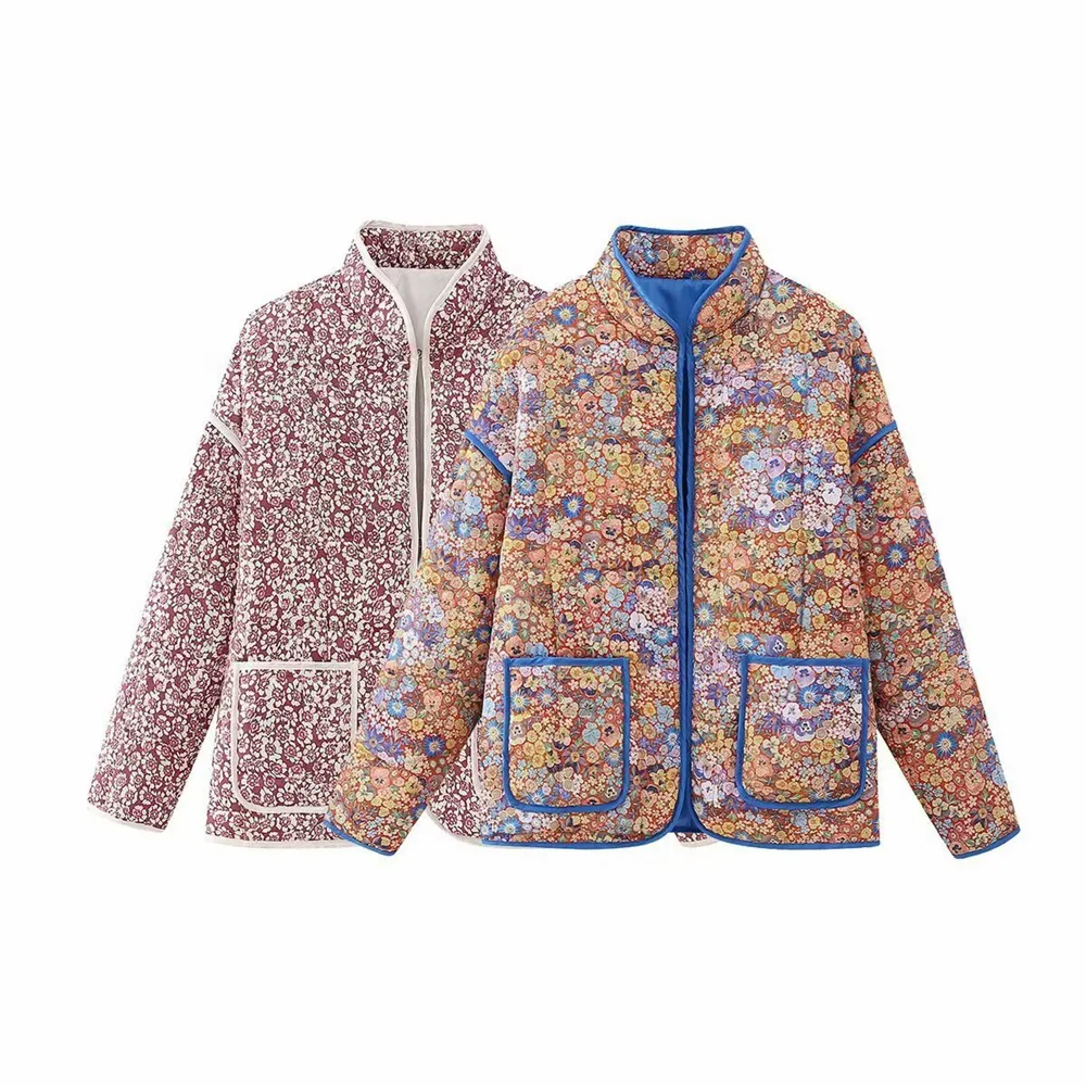 

UNIZERA 2024 Autumn New Product Fashion Casual Women's Clothing Pocket Decoration Stand up Collar Printed Cotton Jacket