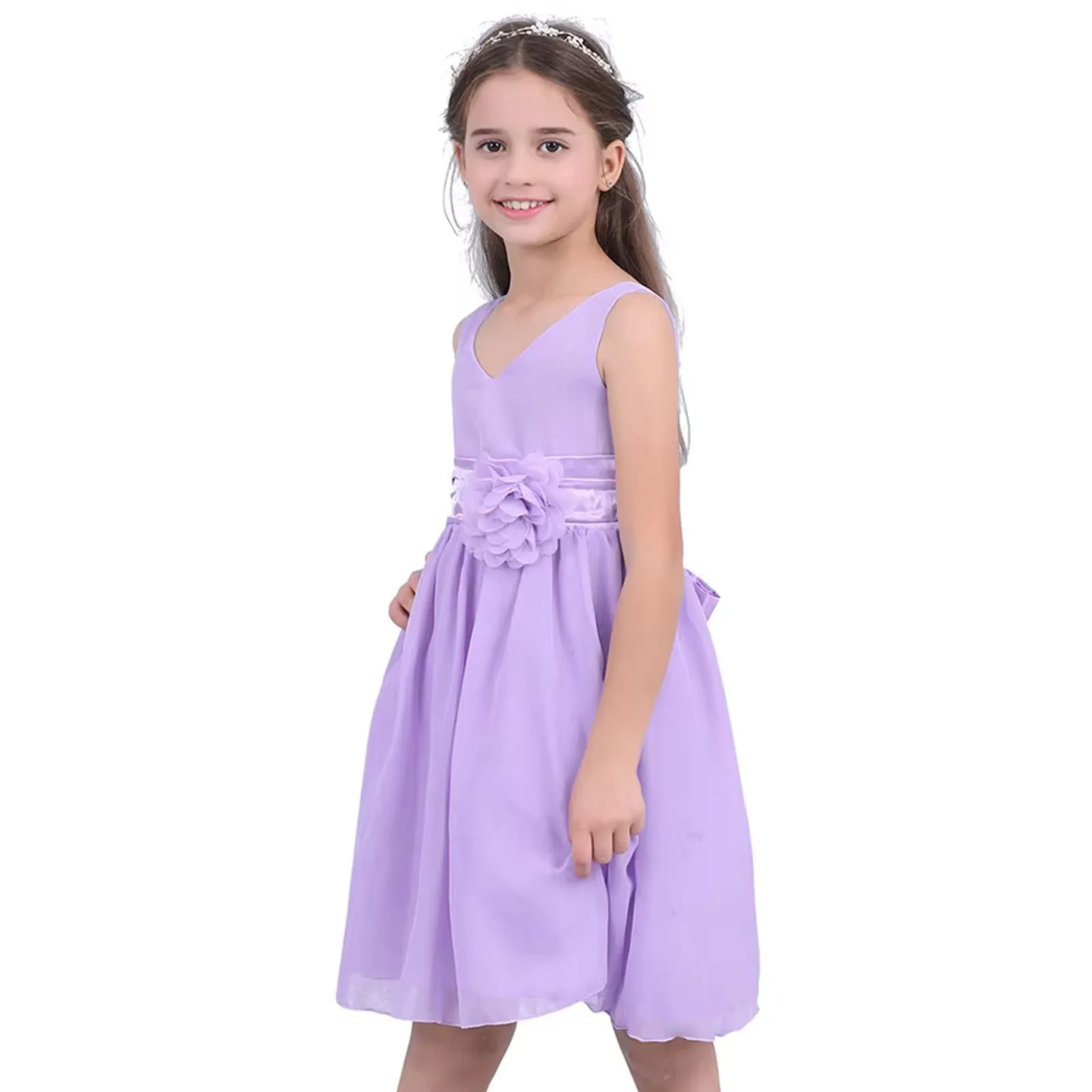 Kids Flower Girl Dress Sleeveless V-Neck Chiffon Wedding Pageant Bridesmaid Dress Birthday Party 3D Flower Prom Ball Gown