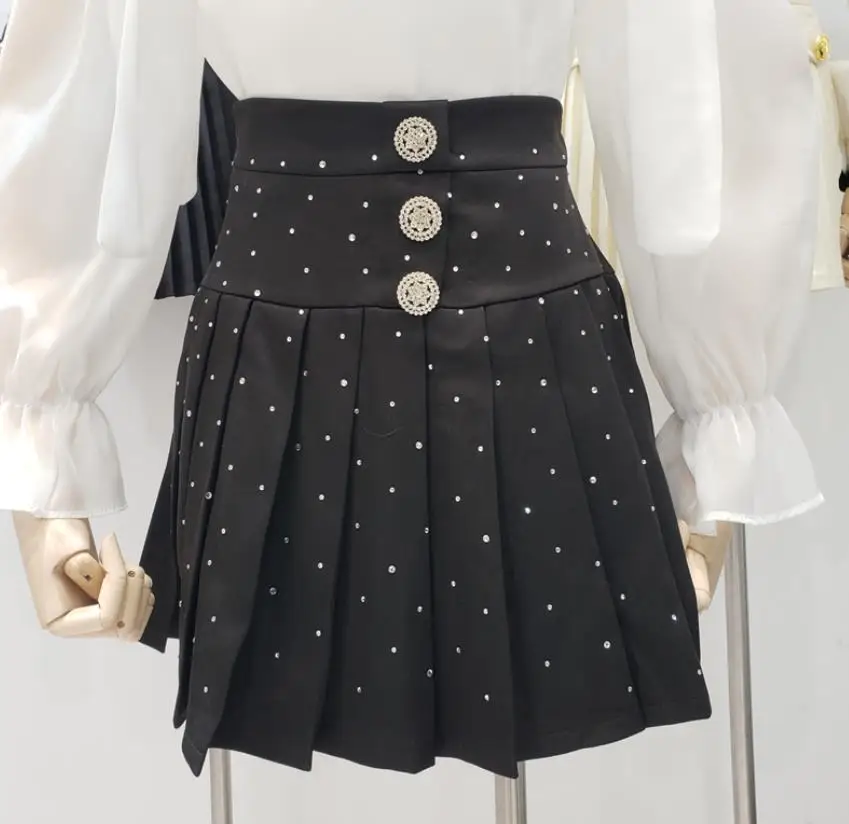 

Rhinestone shiny fashion black high waist short skirt new drill button pleated skirt women