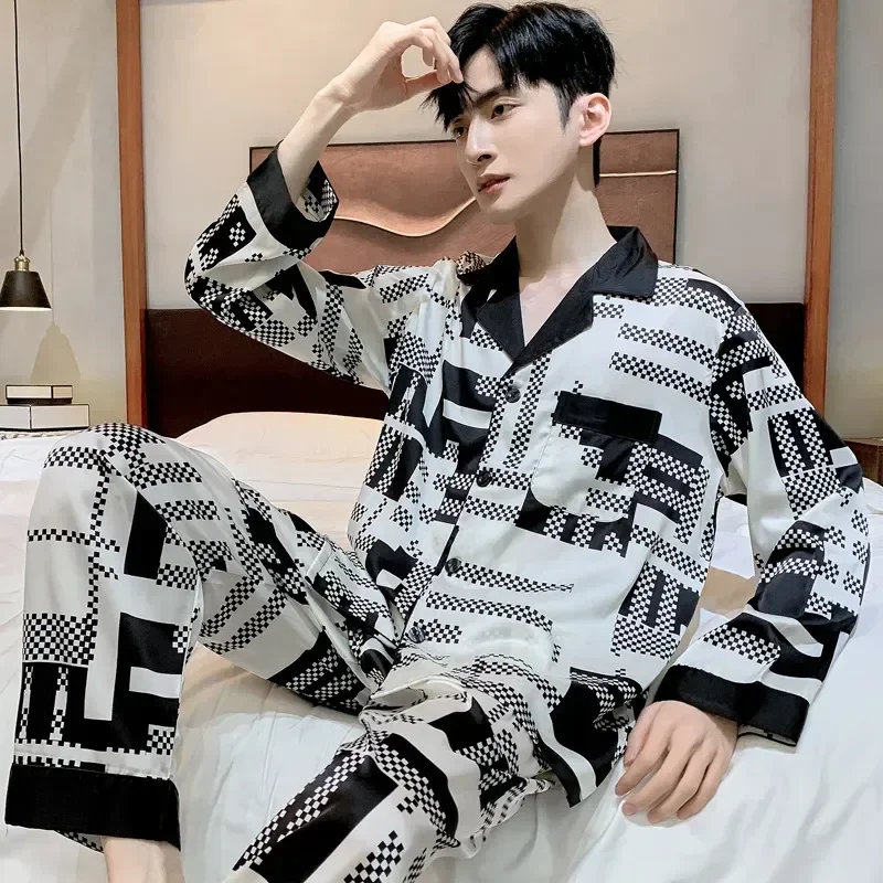 

Nightwear Long High Printed Pajamas Suit Set Wear Loose Teen Men's Male Thin Silk Sleeve Clothing Pyjama Ice Home Quality Satin