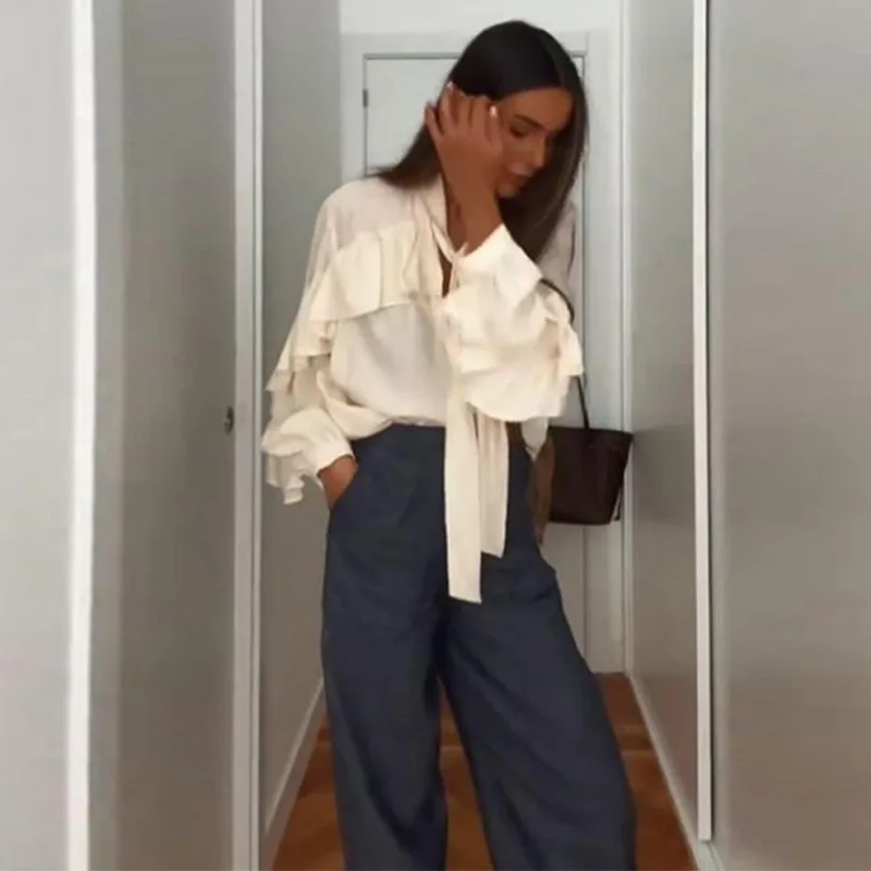 بلوزات شيفون نسائية مثيرة على شكل حرف v وأربطة وأكمام طويلة قمصان فضفاضة مكشكشة مرقعة ملابس داخلية غير رسمية للسيدات على الموضة جديدة 2025 #3