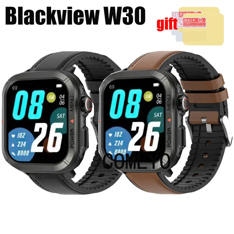 Band For Blackview W30 Smart Watch Strap Leather + Silicone Sports Belt Screen Protector film