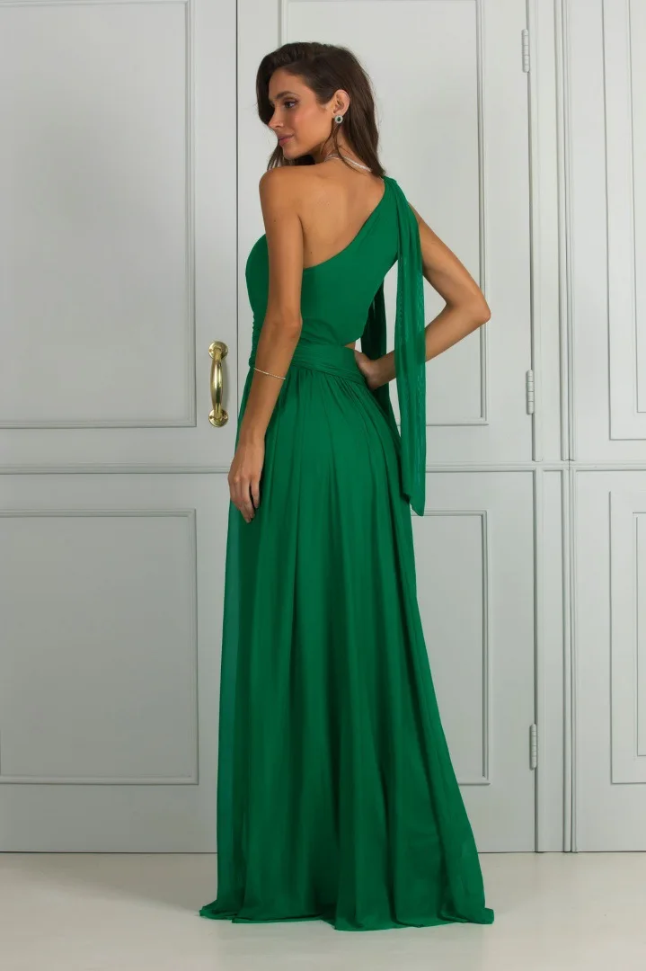 Green Color Women Shinnign Satin Sexy One Shoulder Hollow Out Bodycon Long Dress Fashion Celebrate Cocktail Maxi Party Dress