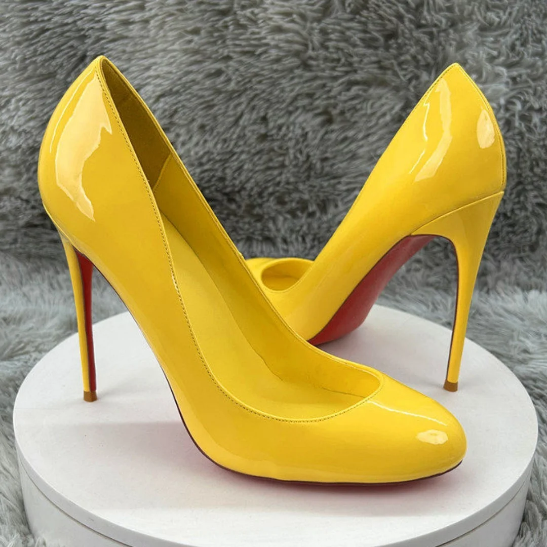 

Yellow Patent Leather Round Toe Red Sole Women's Shoes 10cm 12cm Stiletto High Heels Soft Pointed Toe Slip On Classics Pumps New