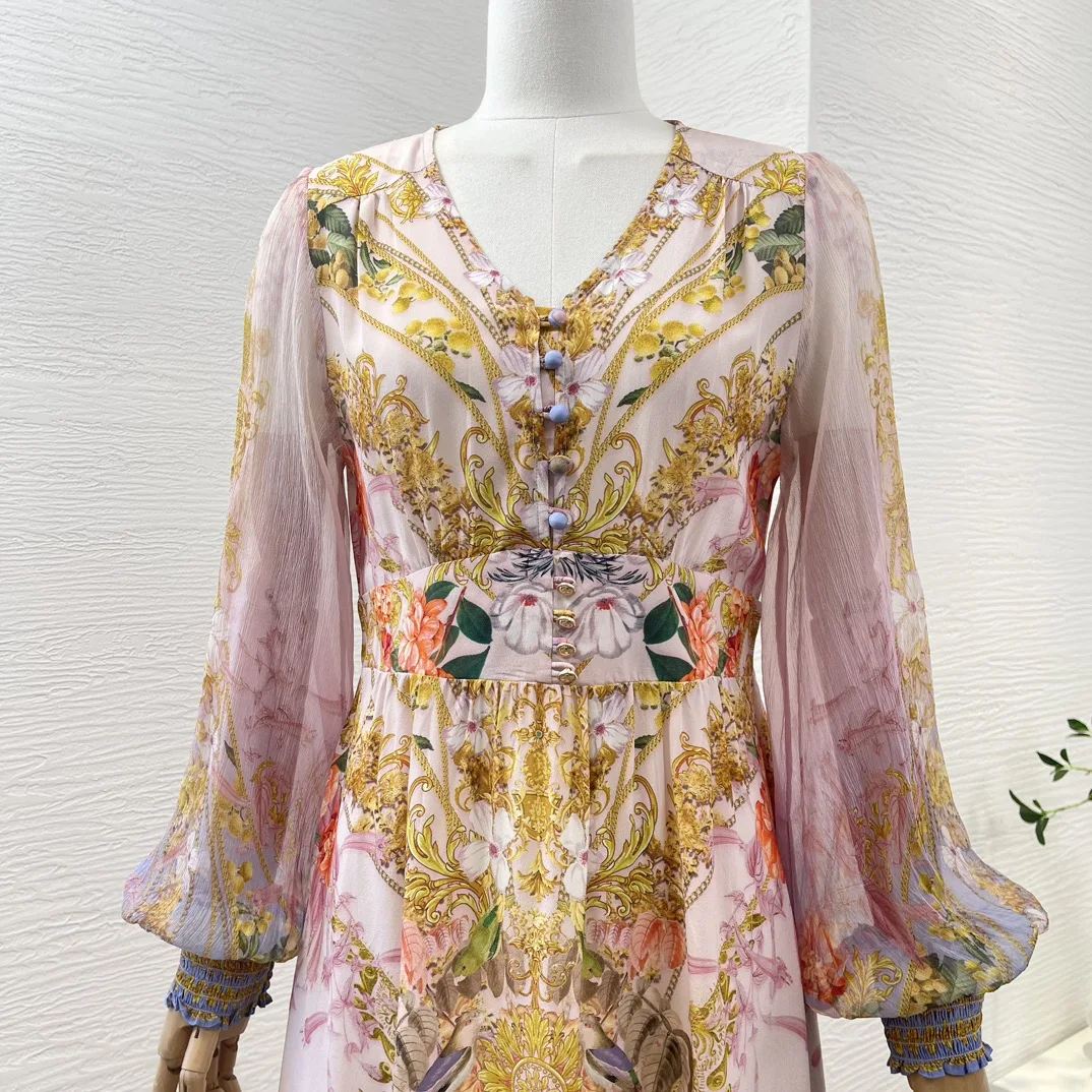 Robe mi-longue en soie à imprimé floral pour femme, manches longues, col en V, style vacances, rose, position dorée, haute qualité, printemps, été, nouveau, 2024