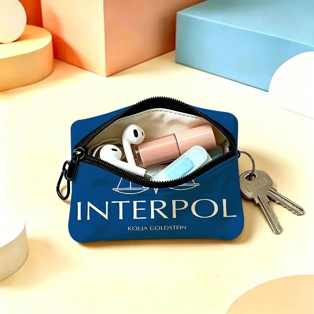 I-Interpol LOGO Lightweight Oxford Fabric Coin Purse With Black Carabiner Hook Card Holder Earphone Storage Pouch