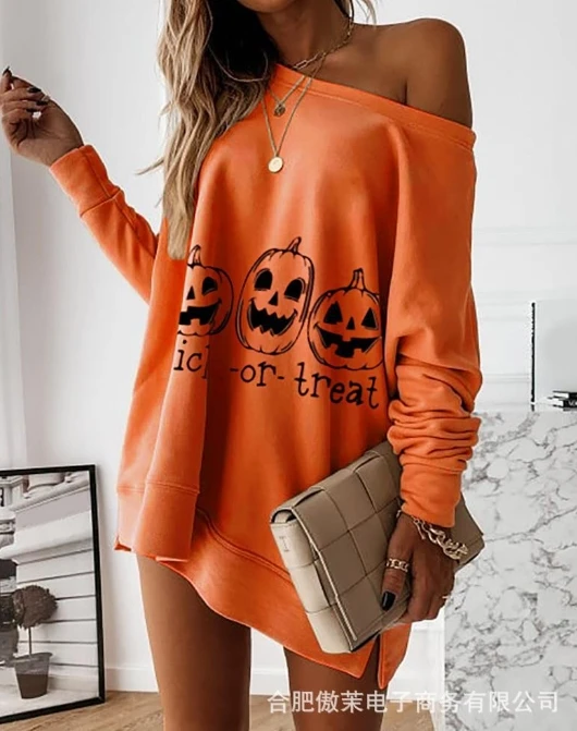 

Women's Fashion Top 2024 Spring Summer Latest Casual Style Halloween Off The Shoulder Hoodie Long Sleeved Round Neck T-Shirt