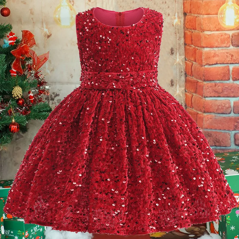 

KEAIYOUHUO Christmas 2024 New Year Children's Red Party Dress Flower Girls Ball Gown Ceremonial For Baby Kids Sequin Costume 6 Y