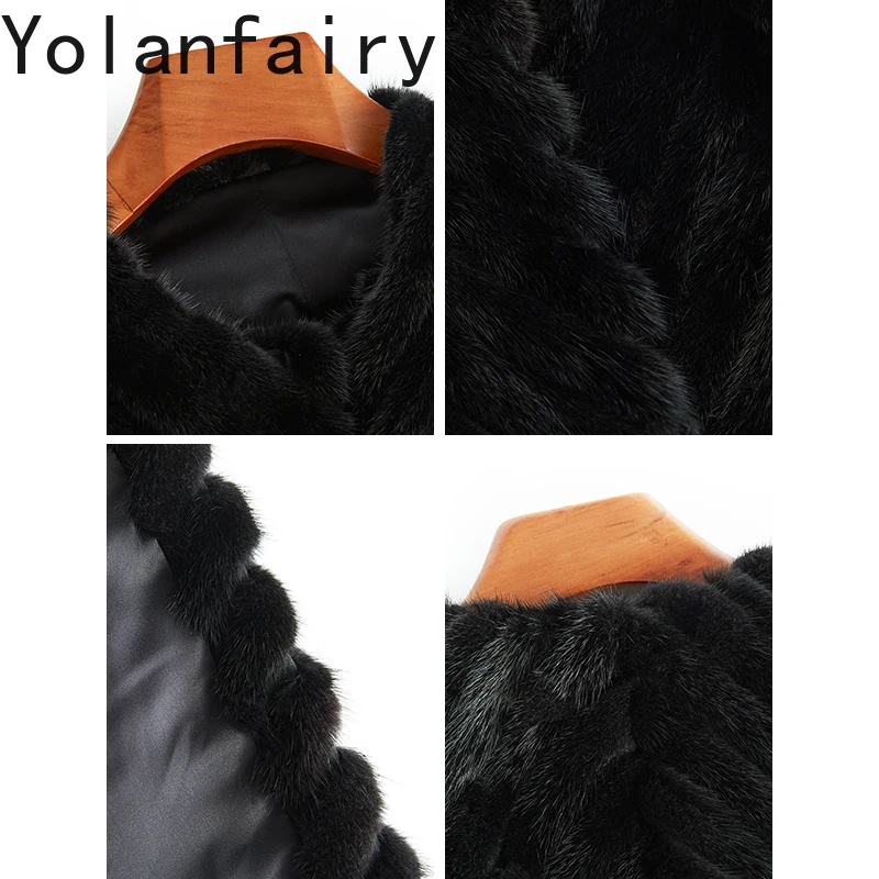 YOLANFAIRY سترة الفرو الحقيقي المرأة الخريف الشتاء الربط قطع معطف فرو المنك امرأة س الرقبة موضة مخطط معاطف الفرو الأسود