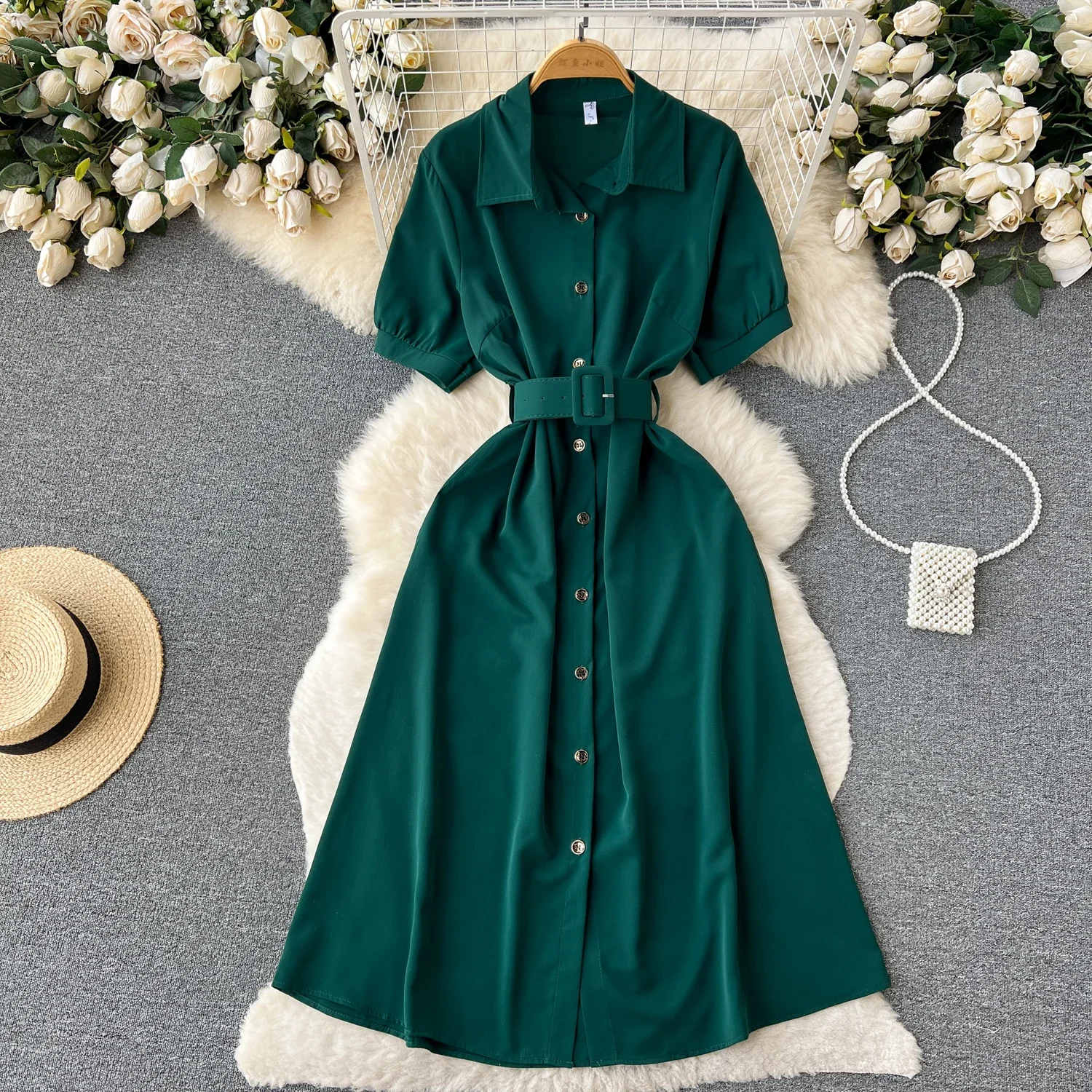 Summer Vintage Green/Blue/Red Turn-Down Collar Single Breasted Dress Casual Short Sleeve High Waist A-Line Midi Robe New Fashion