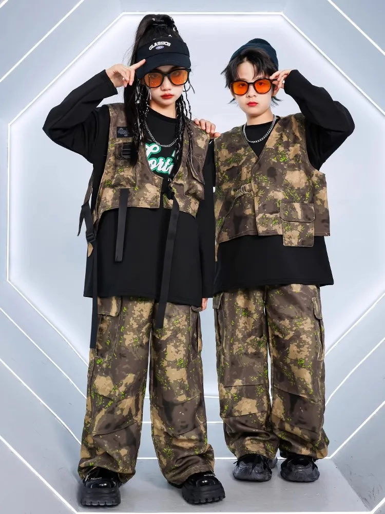 

2024 Boys Hip Hop Dance Costume Camouflage Vest Pants Sweater Girls Stage Performance Suit Teenagers Hip Hop Clothing BL13641