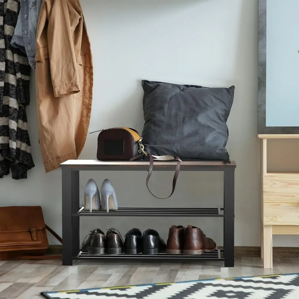 Wood Top Shoe Storage Bench for Entryway, Rustic Brown, 11.25