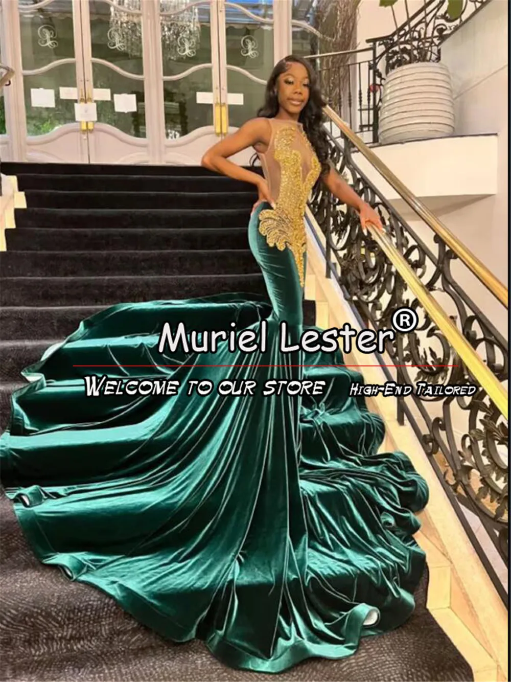 African Mermaid Prom Vestidos com Cristais Dourados, Beading, Veludo Verde, Vestidos Formais de Festa, Mulheres Dinner Clothing, Tailor-Made