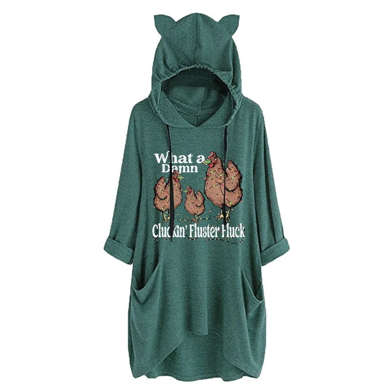 Winter new women's cotton fashion Christmas what a damn cluckin letter print retro casual cute cat ears hoodie