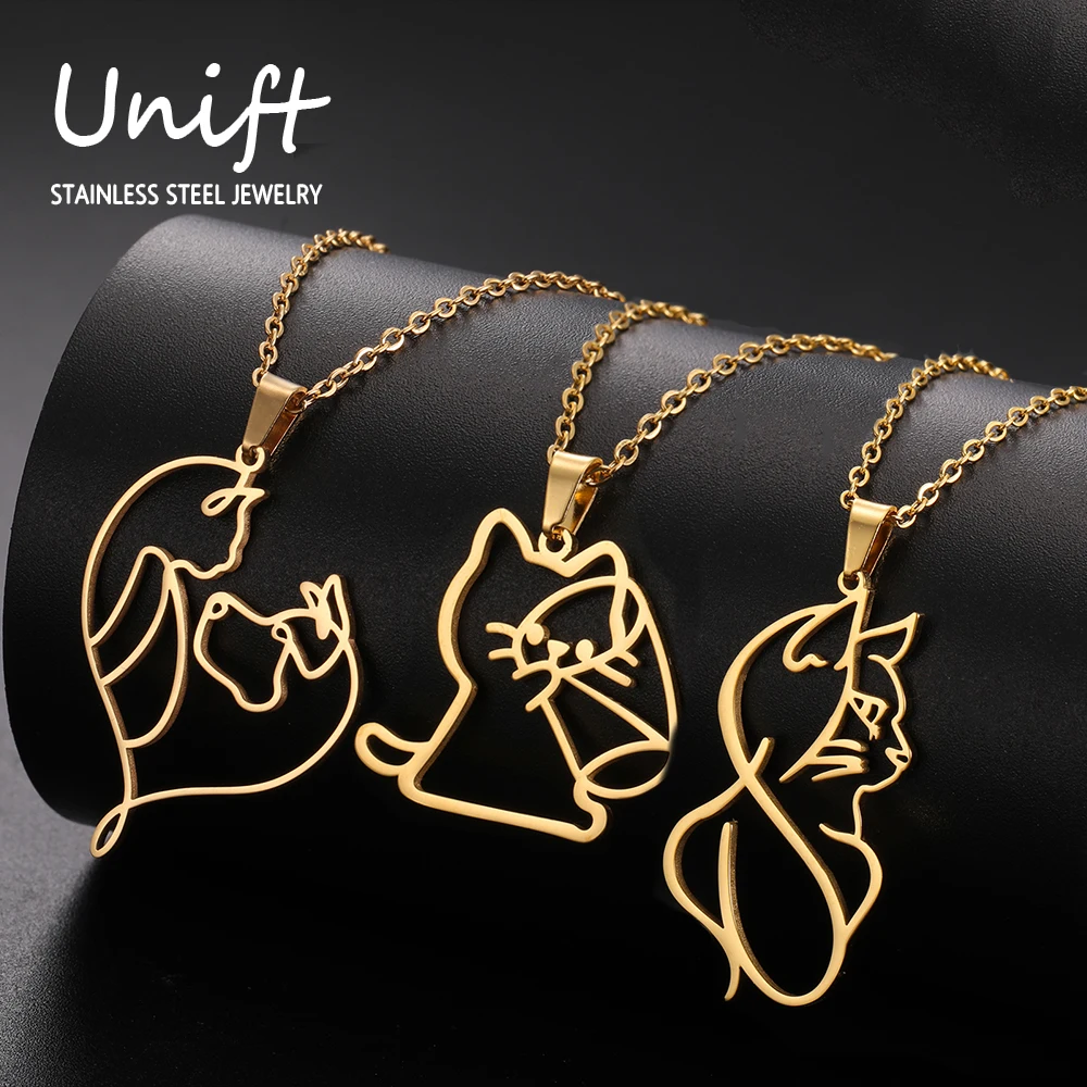 Unift Abstract Art Line Cat Necklaces for Women Men Stainless Steel Pendant Choker Lovely Fashion Creative Kitten Animal Jewelry