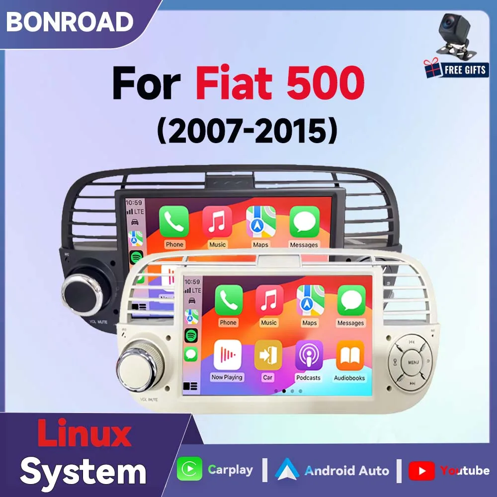 BONROAD Écran de voiture sans fil 7 pouces avec Carplay et Android Auto pour Fiat 500 500C Abarth 2007-2015, systèmes multimédias intelligents, écran tactile IPS, lecteur vidéo stéréo avec fonctions Airplay, Bluetooth, Youtube, DSP, GPS