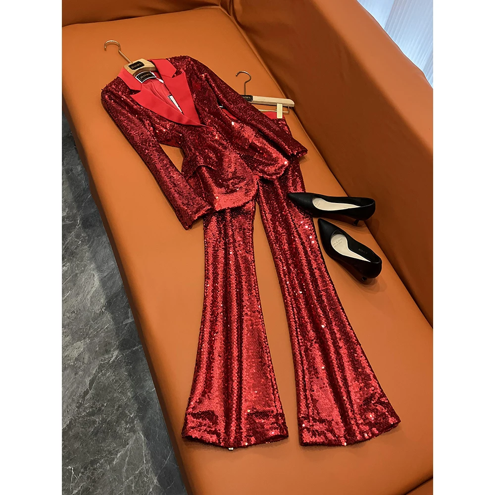 

High-End Red Sequin Slim Fit Suit Set Women's Dr Par Gown Two-Piece Set Ele Profional Faionable