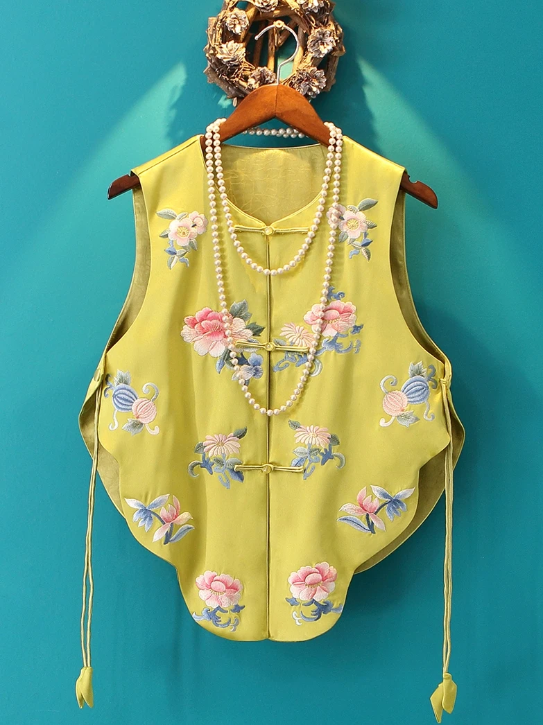 Design Irregular Acetate Satin Fluorescent Green Vest New Chinese Style National Embroidered Young