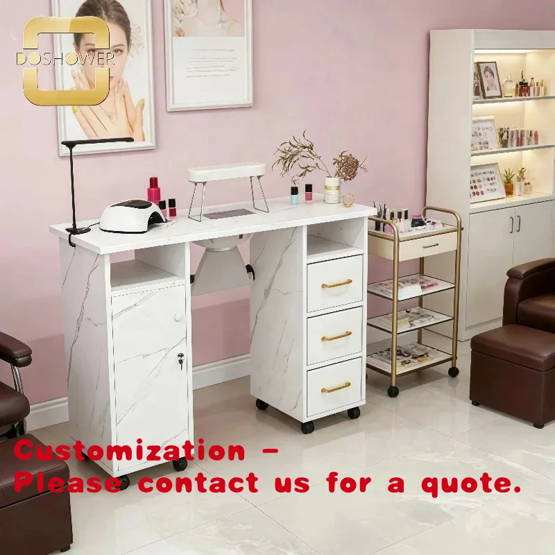 

Customize.White Nail Art Wooden Manicure table with cabinet and rolling manicure table of Professional salon Technicians Manicu