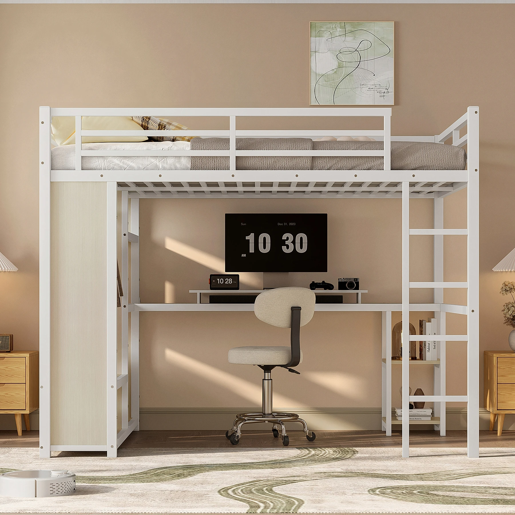 

Queen Size Loft Bed Frame With Built-in Wardrobe Metal Loft Bed With Desk and Storage Shelves in White Wood-grain