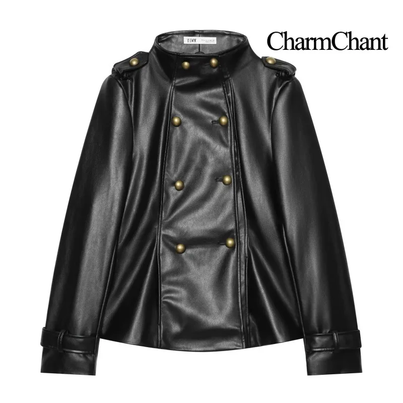 CHARMCHANT Women's Double Breasted Faux Leather Jacket Stand Collar Epaulet Gold Button Fitted Short Coat Fashion New 2026