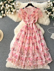Summer Mesh Printed Dress Women Elegant Ruffle Edge Vintage High Waist Pink Party Dresses Ladies Slim A-line Floral Long Robe