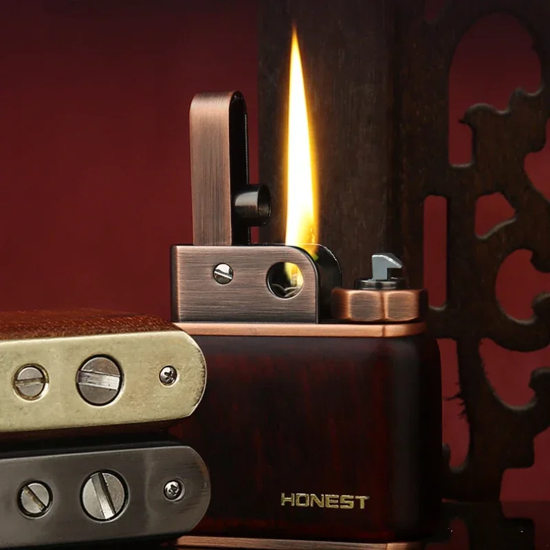 HONEST Old-fashioned Retro Sandalwood Log One-click Ejection Grinding Wheel Ignition Creative Kerosene Lighter Men\'s Gift