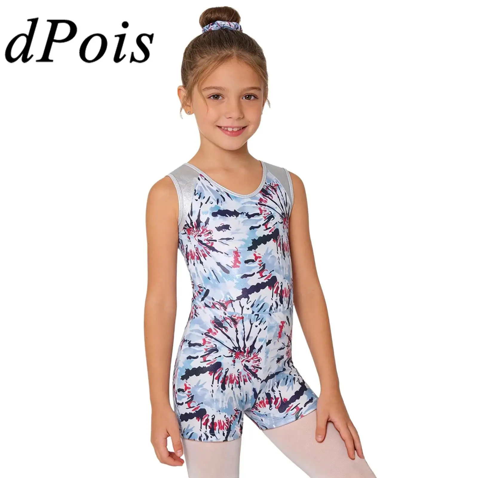 

Балетный костюм для танцев, детский комбинезон без рукавов, стильный гимнастический купальник с принтом и металлическим эффектом для девочек, с шортами, детский танцевальный комбинезон