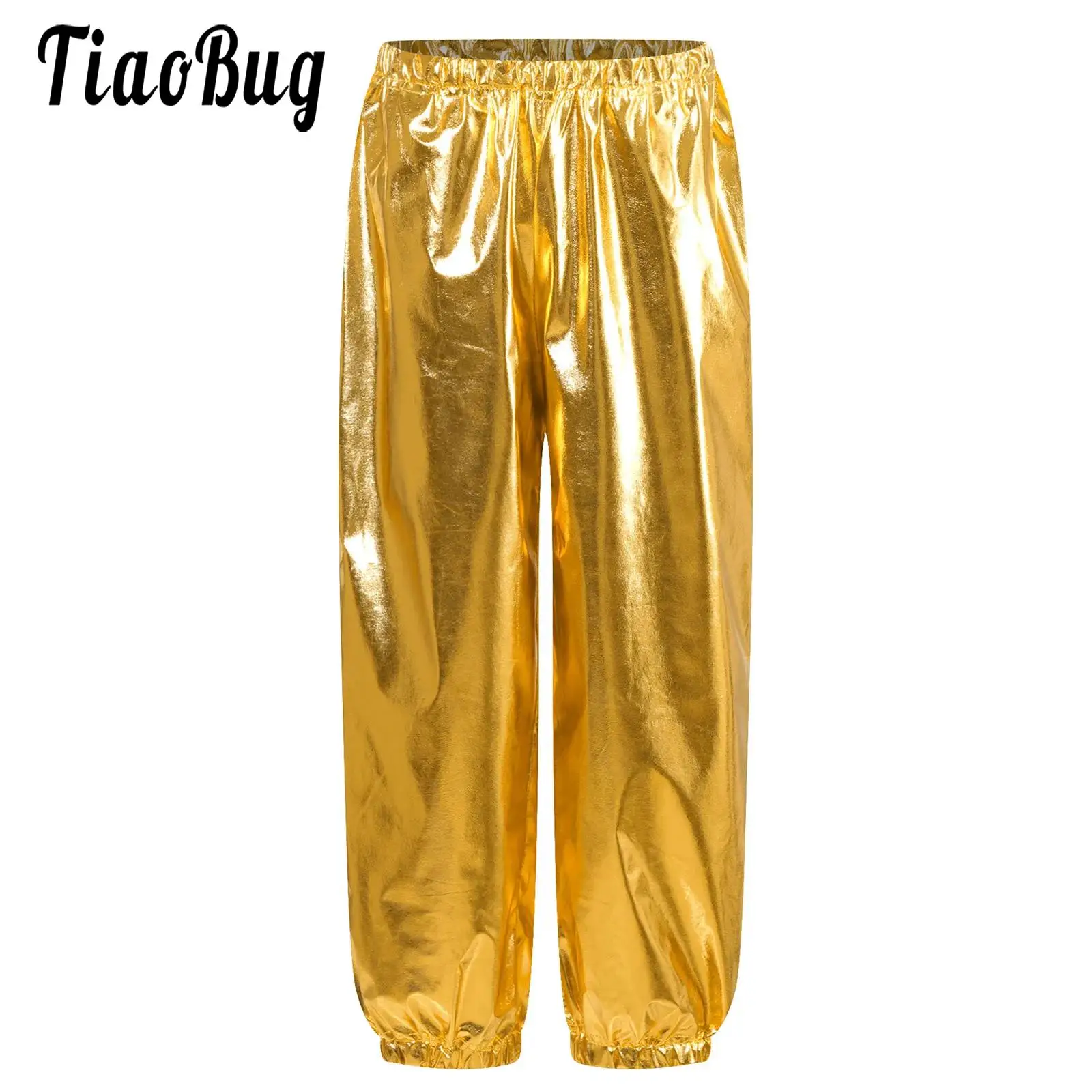 

Kids Boys Girls Metallic Shiny Jazz Street Dance Pants Elastic Waistband Trousers Sweatpants for Cheerleading Performance 2Y-16Y