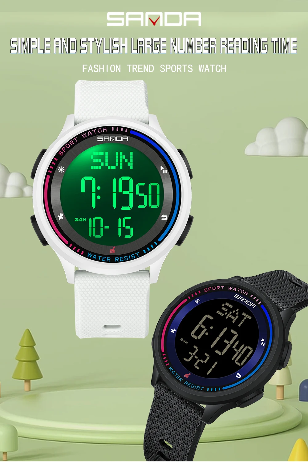 SANDA Herrenuhr, mehrere Funktionen, Outdoor-Sport, Stoppuhr, wasserdicht, digitales Uhrwerk, LED, Herren-Armbanduhr, elektronischer Alarm – Detail 1