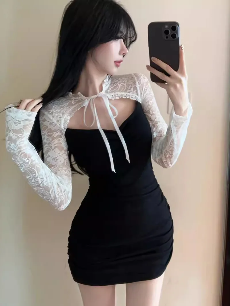 Version Sexy Korean Lace Hollow Lace Up Sheer Long Sleeve Slim Women Design Sense Cinching Waist Wrap Hip Short Dress PH4T