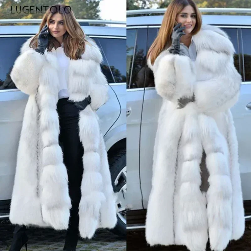 Women Faux Fur Coat Winterf Fashion Warm X-Long Large Size Coats Solid Hooded Lady Loose Open Stitch 5XL New 2024 Elegant Cloth