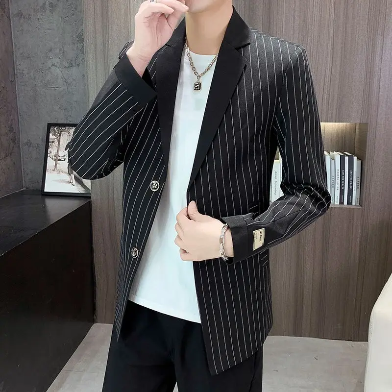 2-A31 Spring thin mid-length windbreaker single suit men's coat color matching personali coat top small suit striped suit