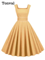 Tonval Square Neck Yellow Corduroy Women High Waist Vintage 50s Tank Dress Sleeveless Elegant Pockets Winter Ladies Long Dresses