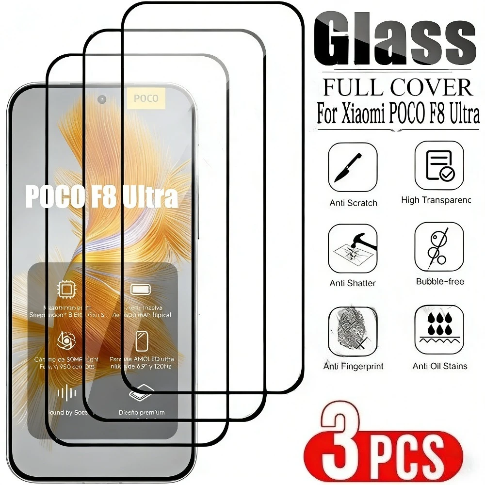 

3Pcs Full Cover Screen Protector for Xiaomi Poco F8 F7 Ultra F6 F5 Pro F4 F3 GT Tempered Glass for Poco X7 X6 X5 Pro X3 X4 GT
