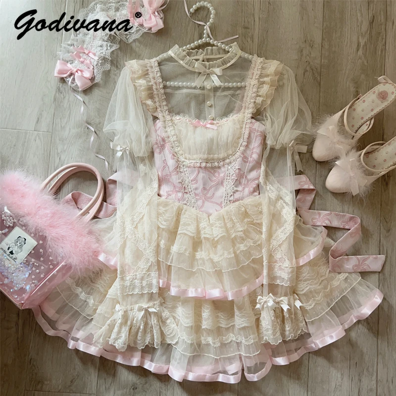 

Original Lolita Dress New Princess Cute Ballet Style Jsk Suspender Dress Women Girls Lace Organza Tulle Short Tutu Dresses