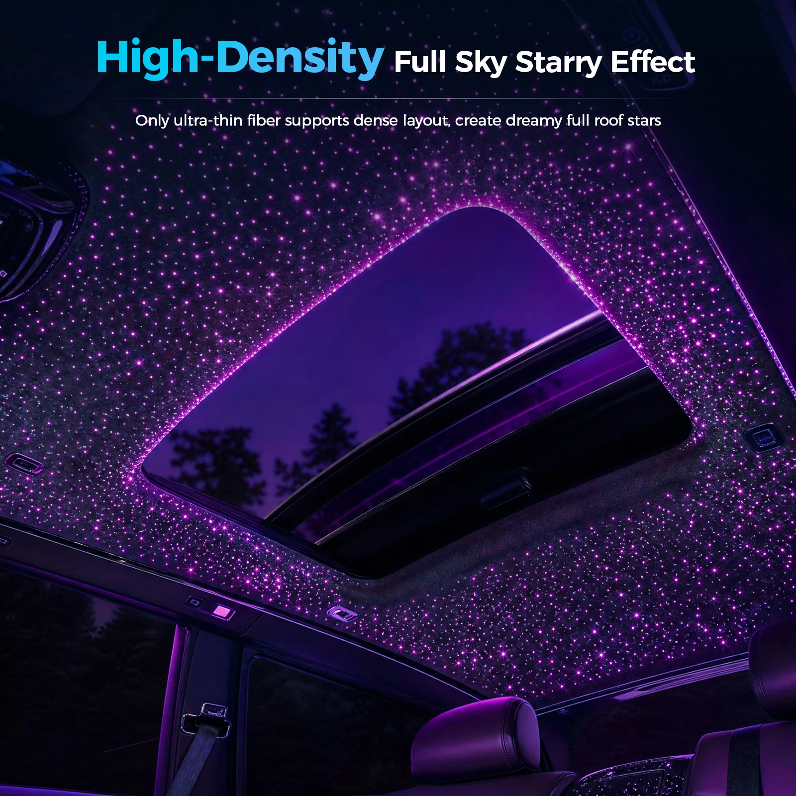 16W Car Starlight Headliner Kit,12V Sound‑Activated 1200 Mixed Fiber Strands(0.01in 800pcs+0.02in 400pcs),Roof Ambient Lights with APP & Remote Control,Auto Color Changing for Most Car Models,Professional Installation Required