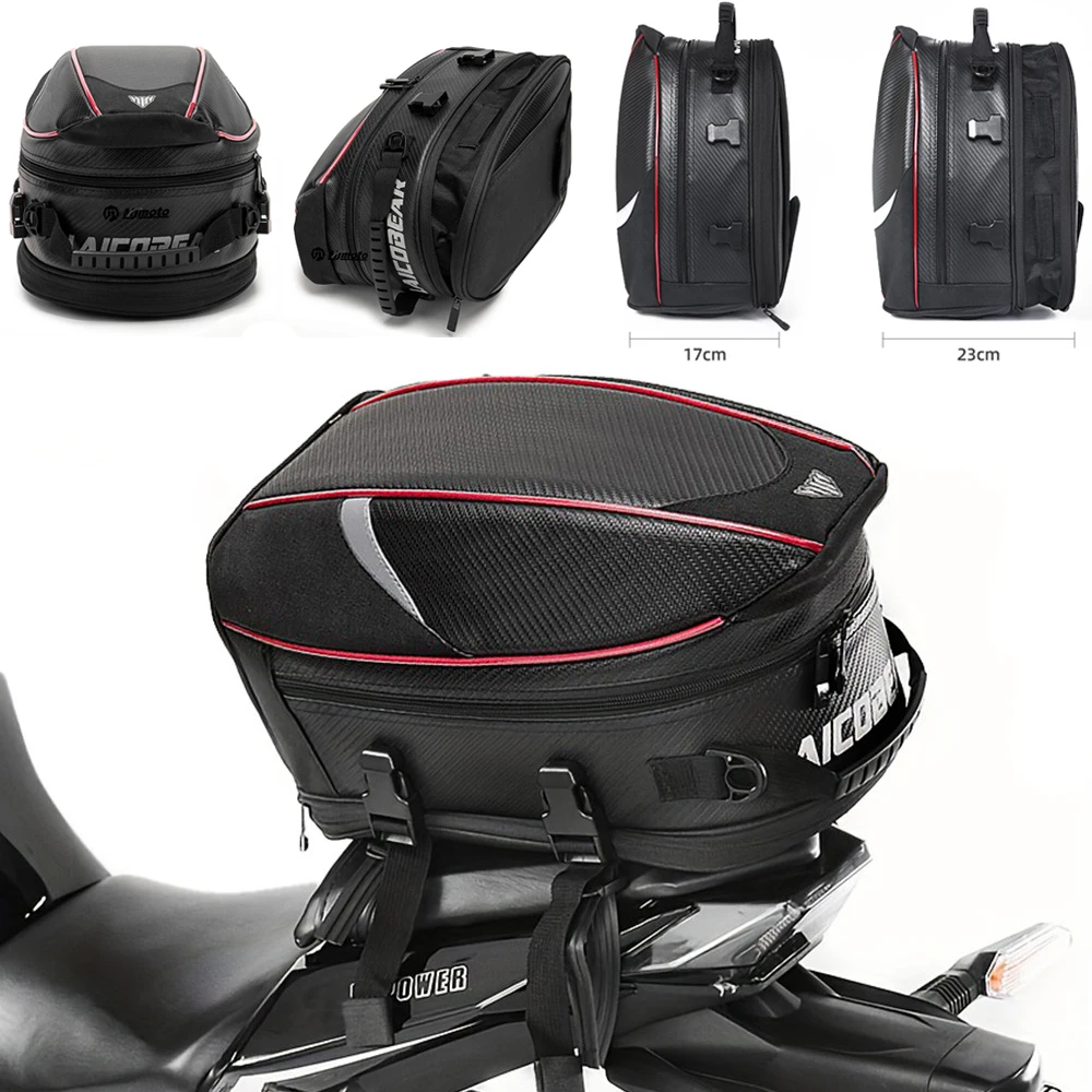 

Vintage Motorbike Tail Bag Waterproof Reflective Motocross Rear Seat Bags Carbon FIber PU Leather Retro Motorcycle Handbag 22L
