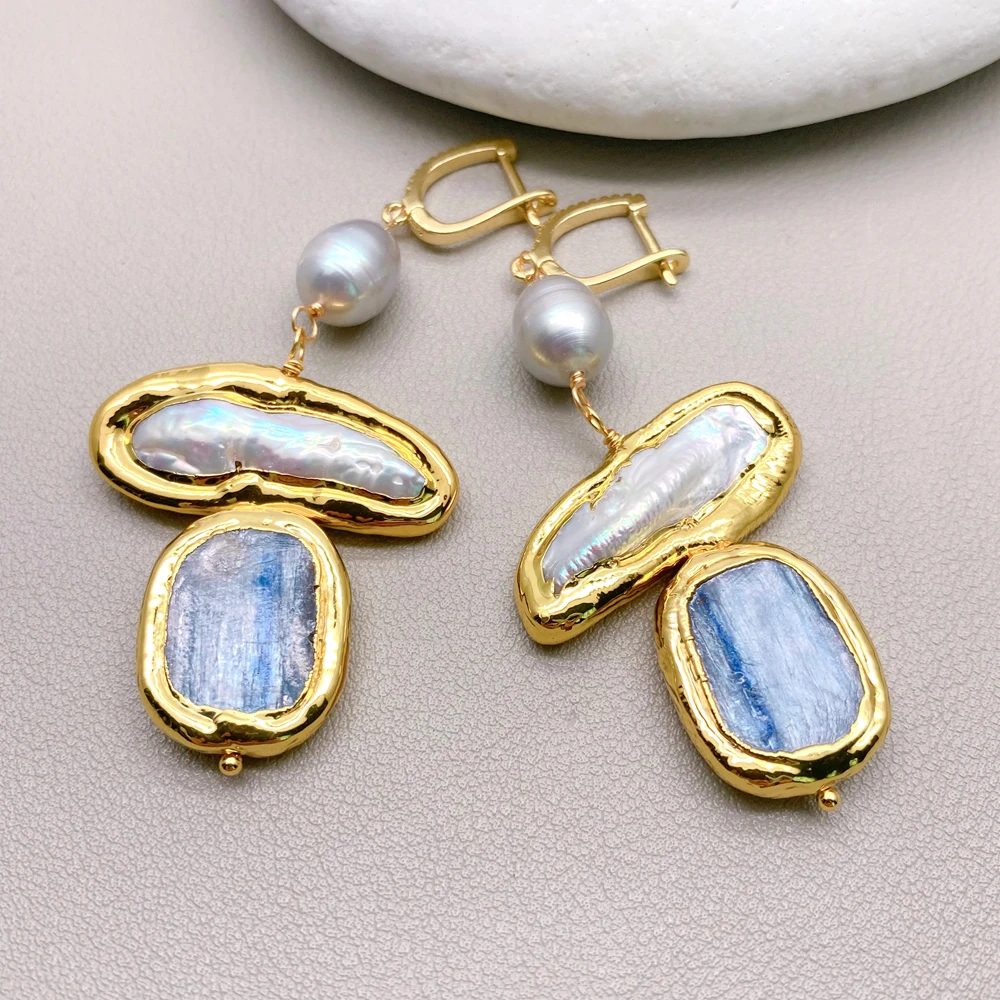 Freshwater Cultured White Biwa Pearl Gray Rice Blue Kyanite Dangle Lever Back Earrings