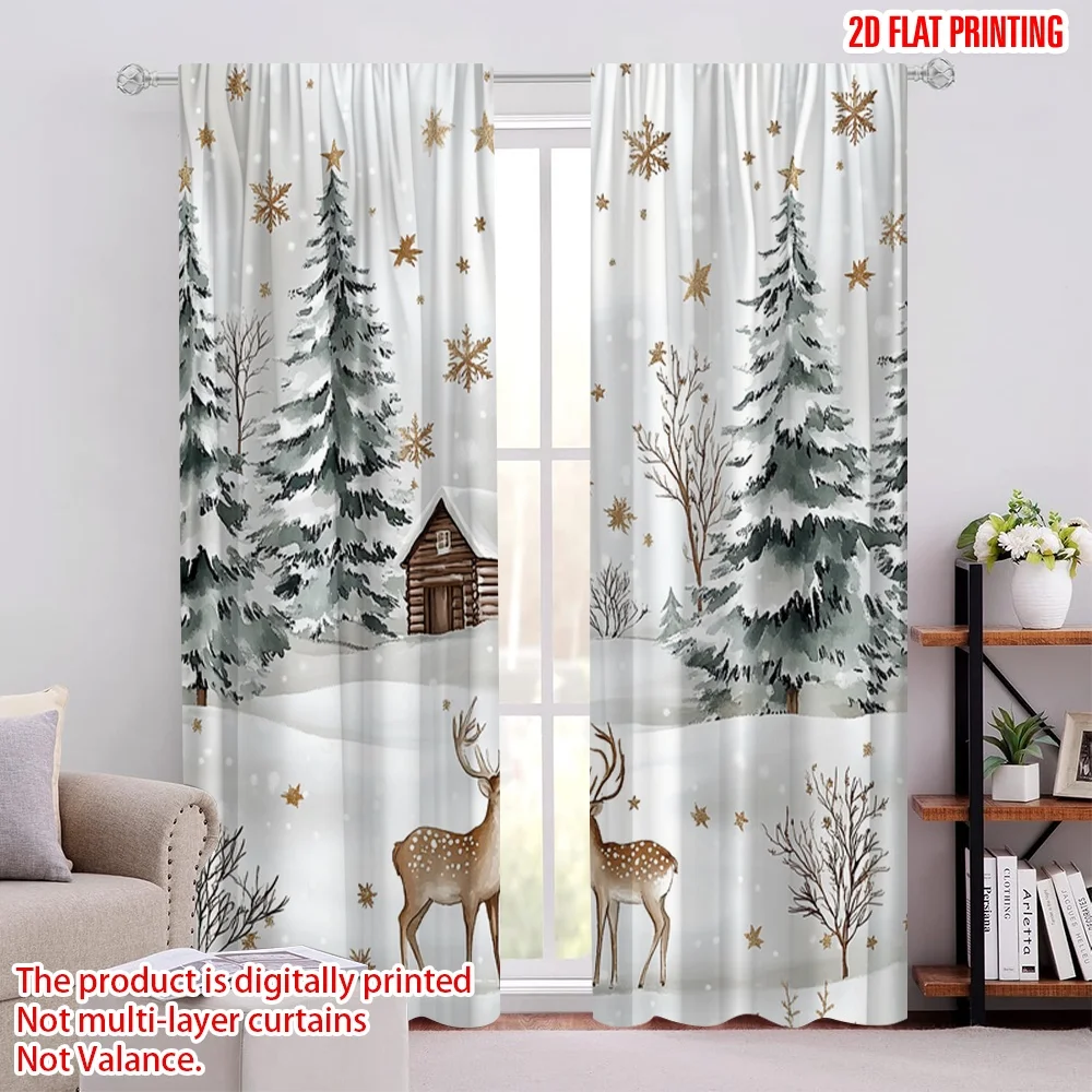 

2Pcs 2D Flat PrintingWinter Forest Curtain Pine Tree Deer Snowflake Christmas Holiday Decorative Curtain For Living Room Bedroom